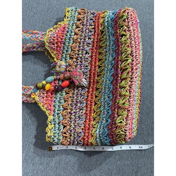 Blue Miami | Women's Multicolor Woven Canvas Straw Basket Beach Tote Handbag - Picture 3 of 7